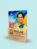 Acrylic plaque with a photo of a woman and engraved text on a light blue background