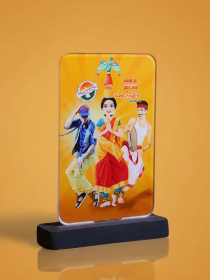 Decorative tin with illustrations of people on a yellow background