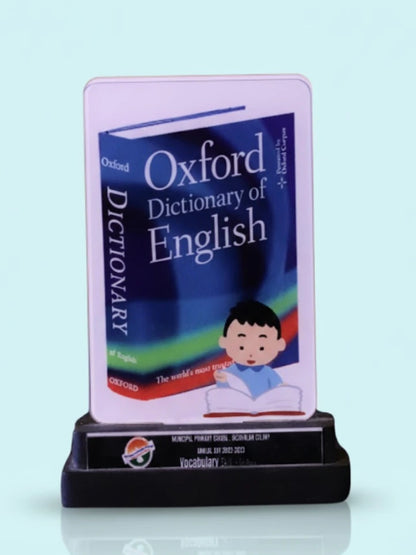 Oxford Dictionary of English on a stand with a light blue background