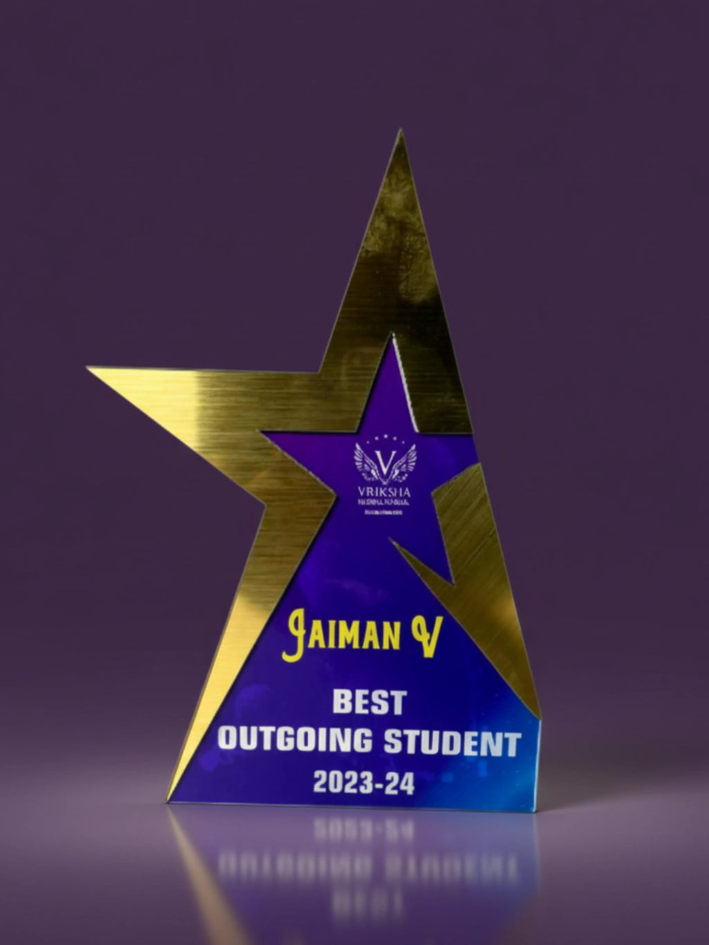 Star-shaped award with 'Best Outgoing Student 2023-24' text on a purple background