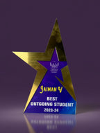 Star-shaped award with 'Best Outgoing Student 2023-24' text on a purple background