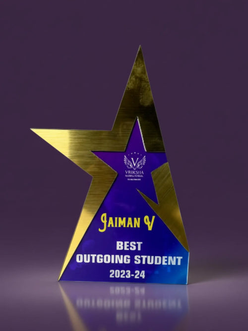 Star-shaped award with 'Best Outgoing Student 2023-24' text on a purple background