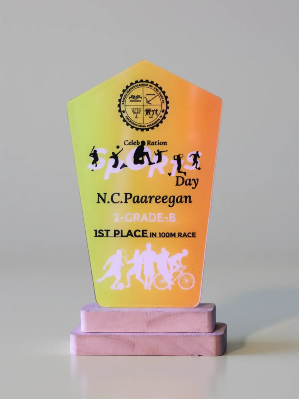 Trophy with colorful design and text on a gray background