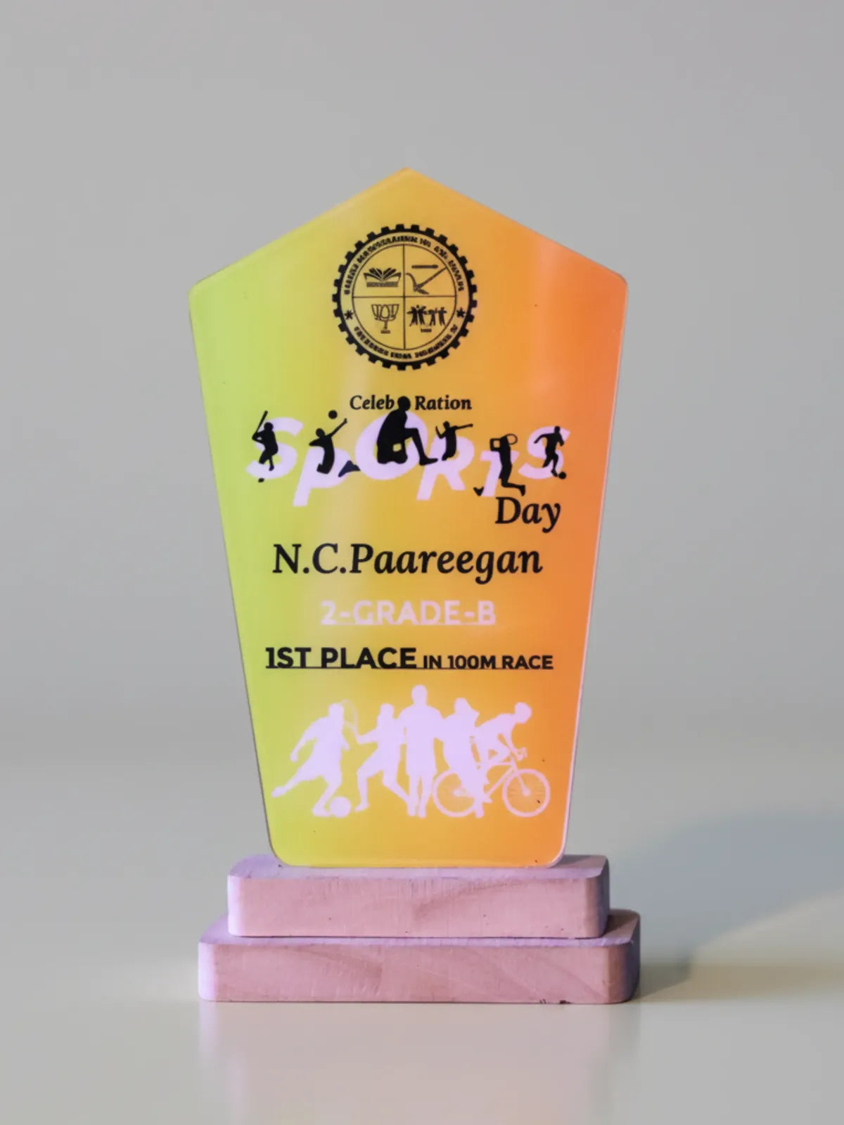 Trophy with colorful design and text on a gray background