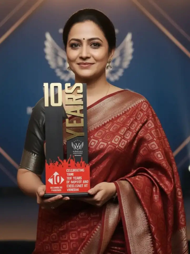 Woman in a red saree holding an award with '10 Years' text against a blue background