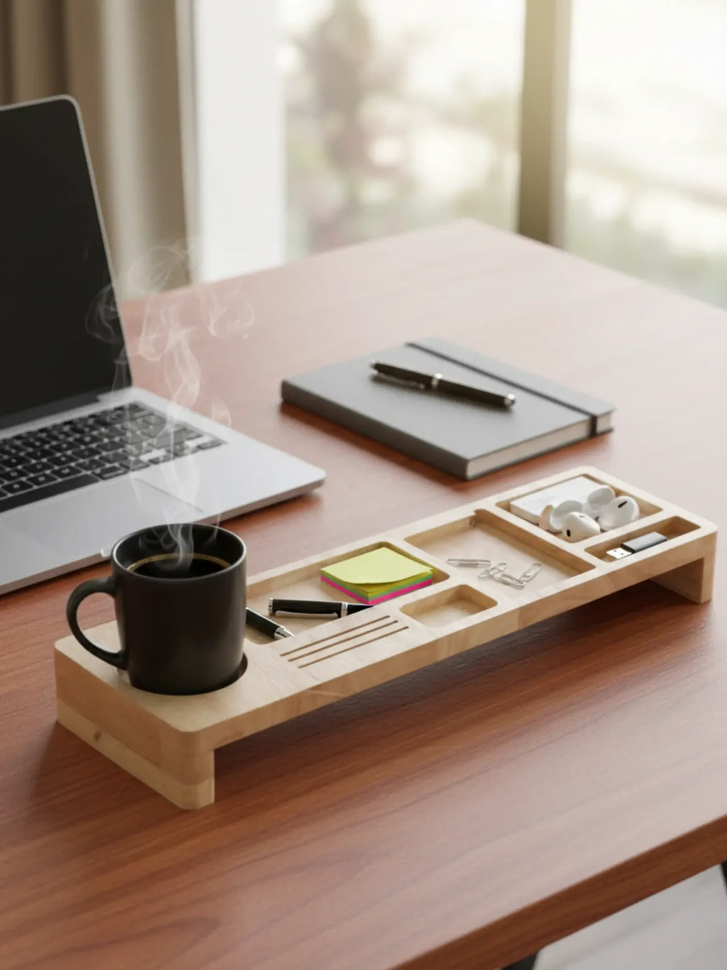 Wooden desk organizer with a laptop, mug, notebook, and other items on a desk.