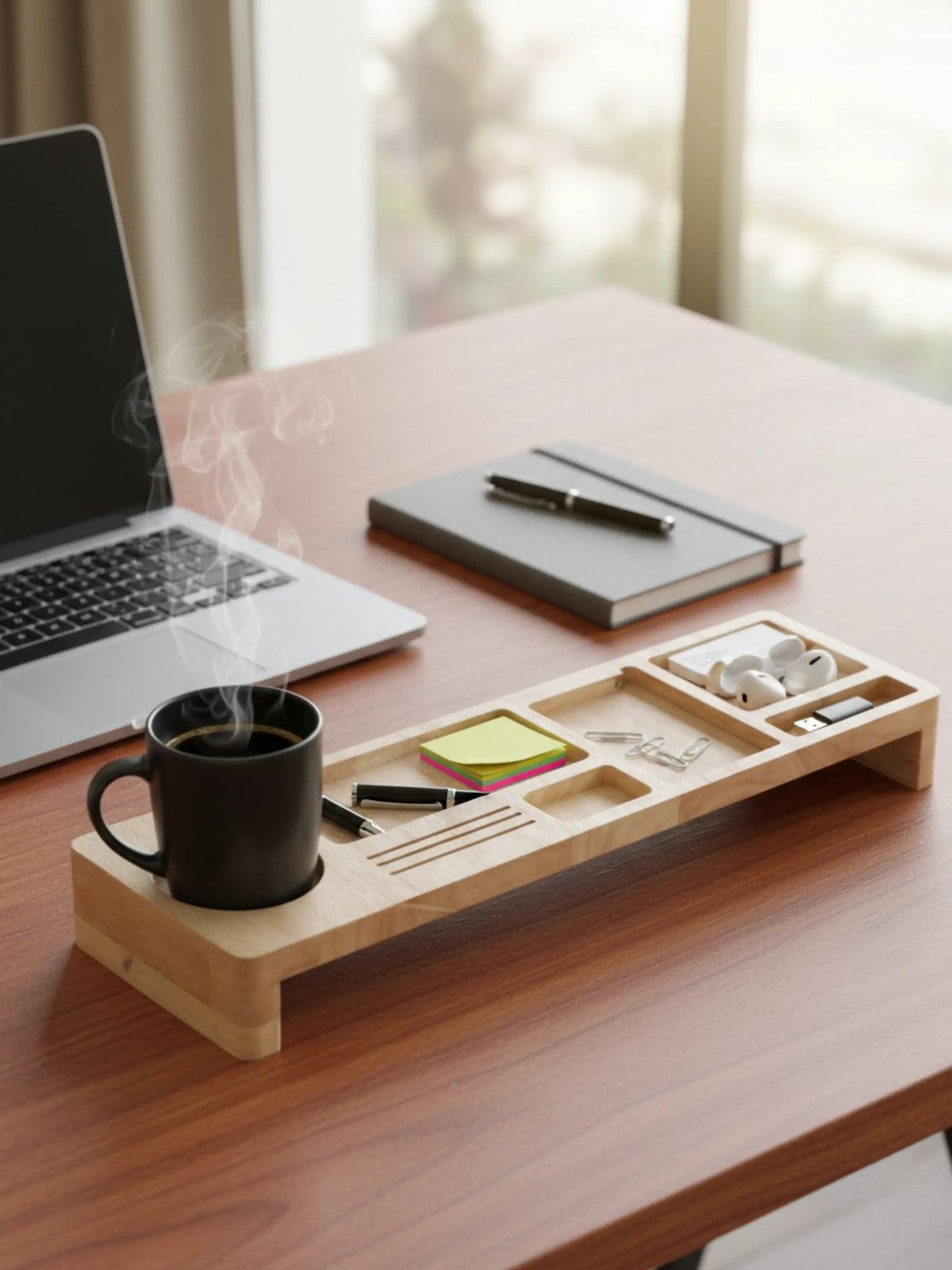 Wooden desk organizer with a laptop, mug, notebook, and other items on a desk.