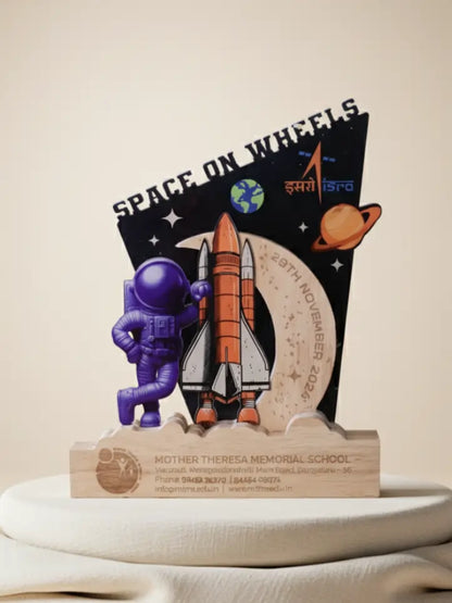Decorative item with space-themed design featuring an astronaut and rocket, on a beige background.
