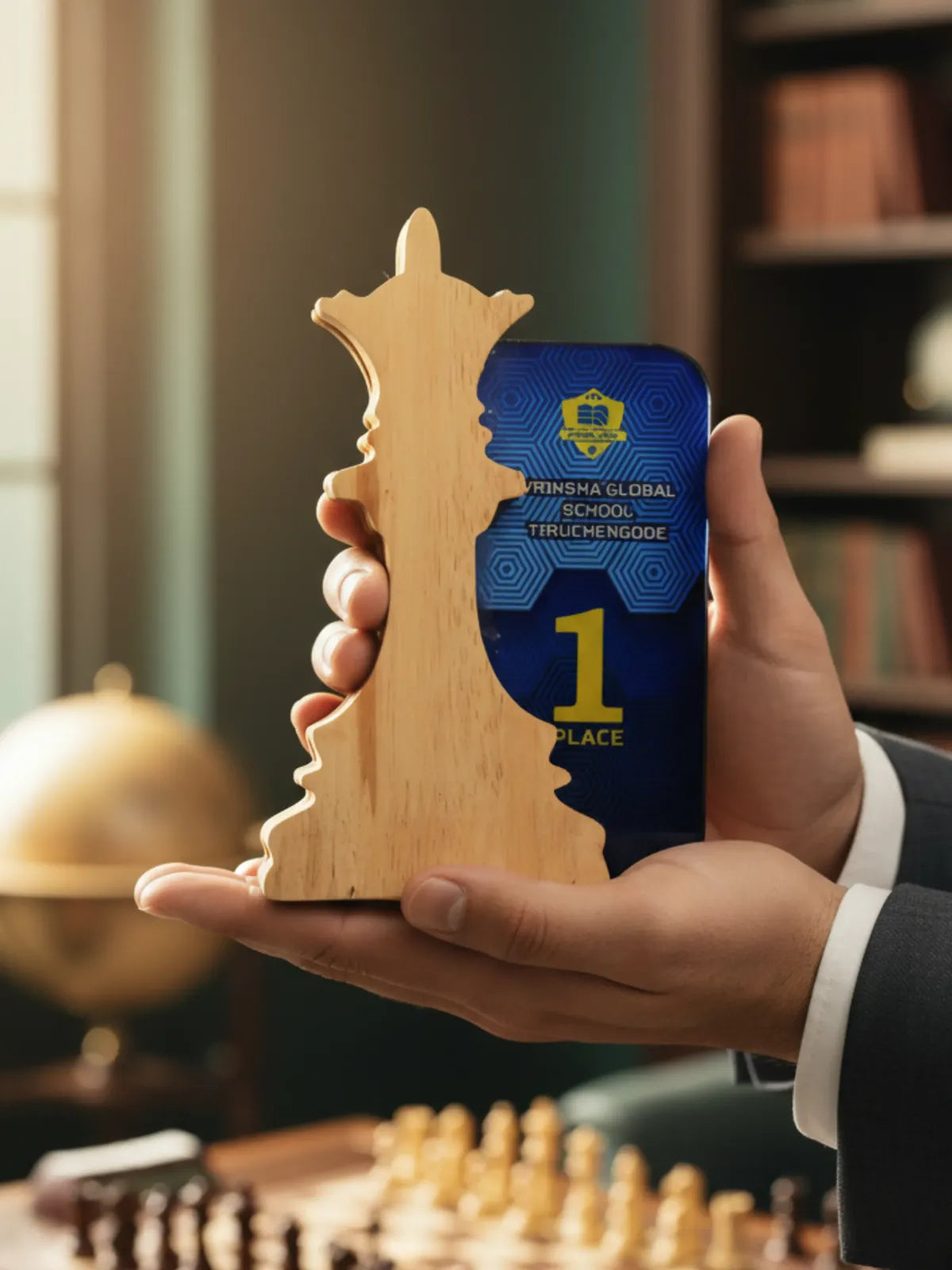 Hand holding a wooden trophy with a blue plaque in an indoor setting
