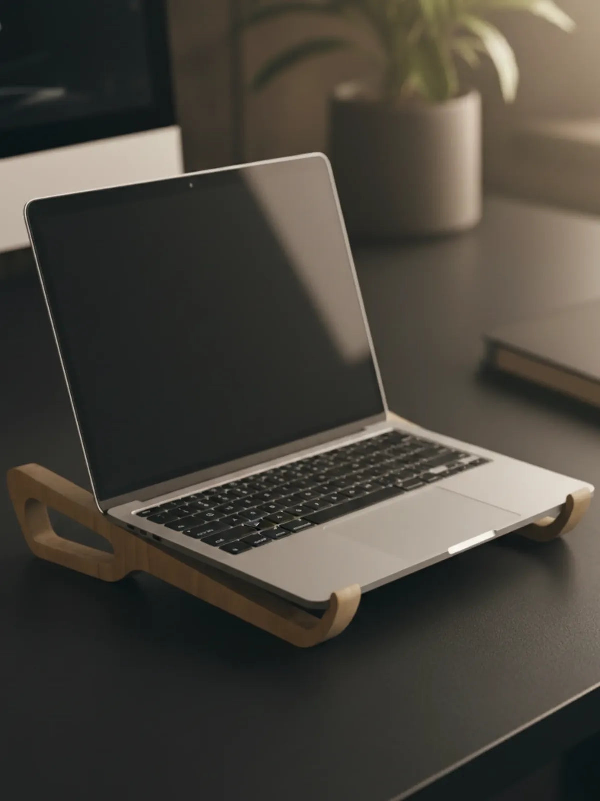 Laptop on a wooden stand on a dark surface with a plant and notebook in the background