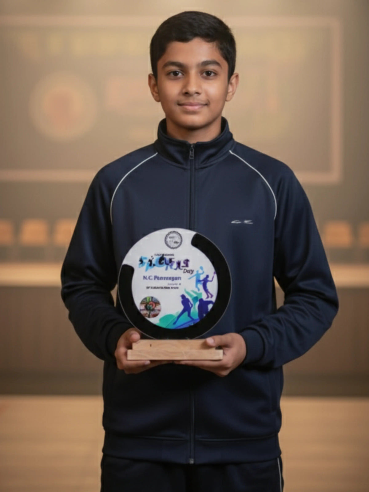 Young boy holding an award with a blurred background