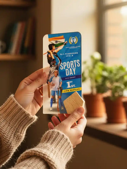 Person holding a 'Sports Day' promotional card with images of athletes in an indoor setting.