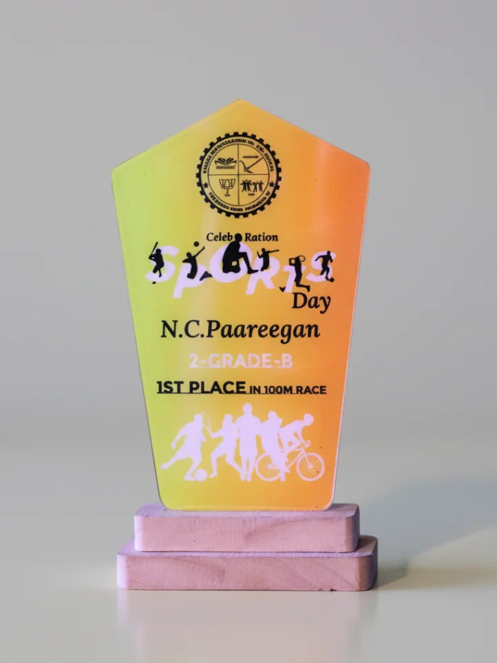 Colorful trophy with text and silhouettes on a gray background