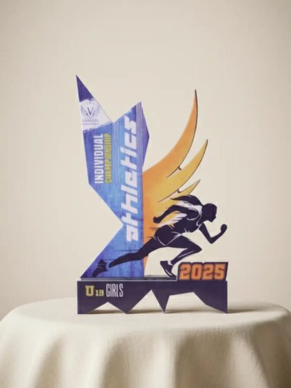 Trophy with running girl design and 'athletics' text on a beige background