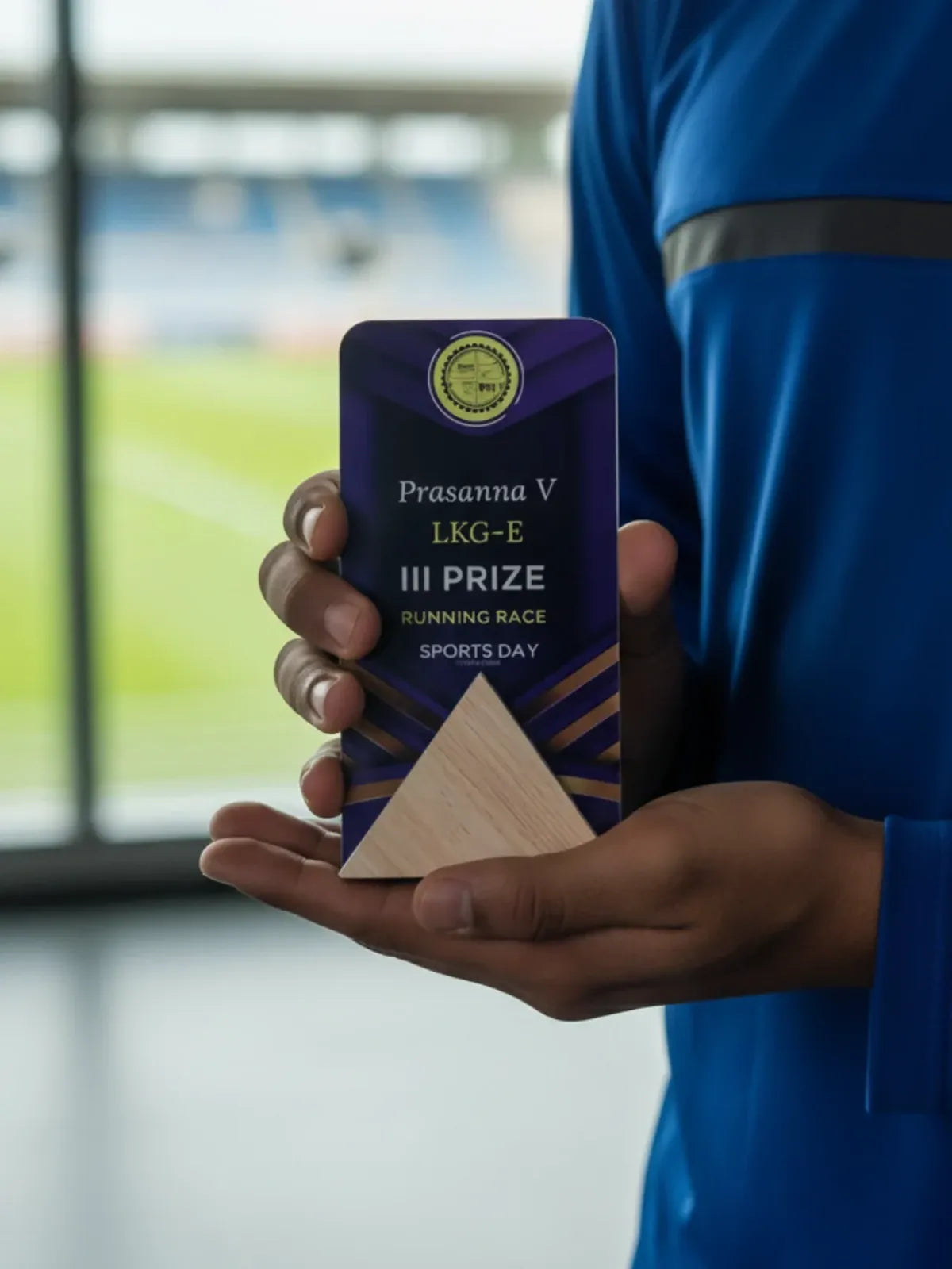 Person holding a purple and gold award with text on a blurred sports field background