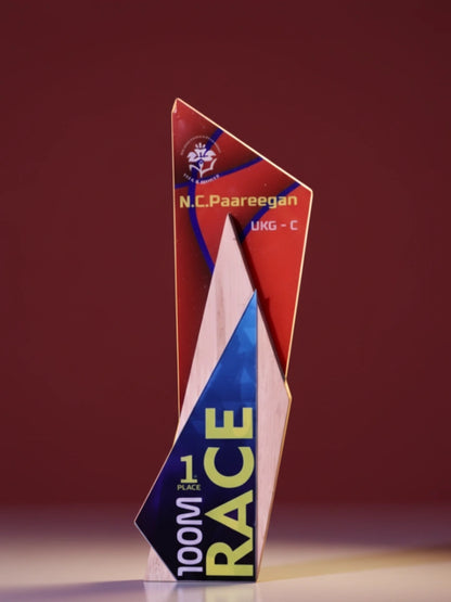 Trophy with geometric design and text on a red background