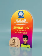 Academic achievement award for Malar Public Senior Secondary School with a child's photo and name on a gradient background
