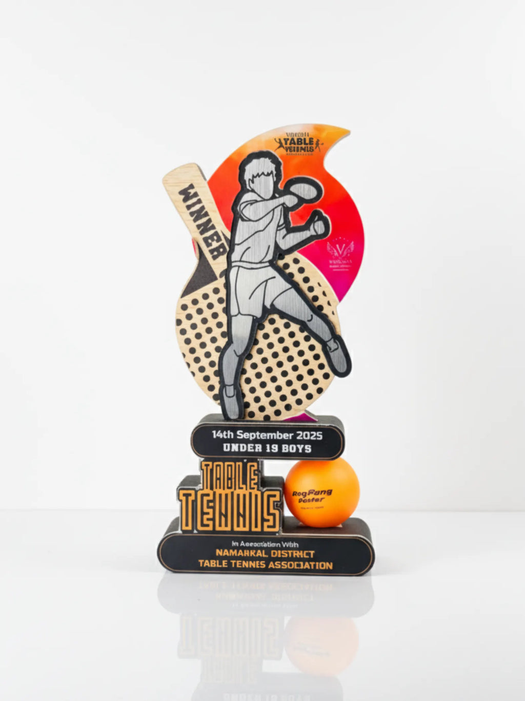Table tennis trophy with player illustration and ball on a white background