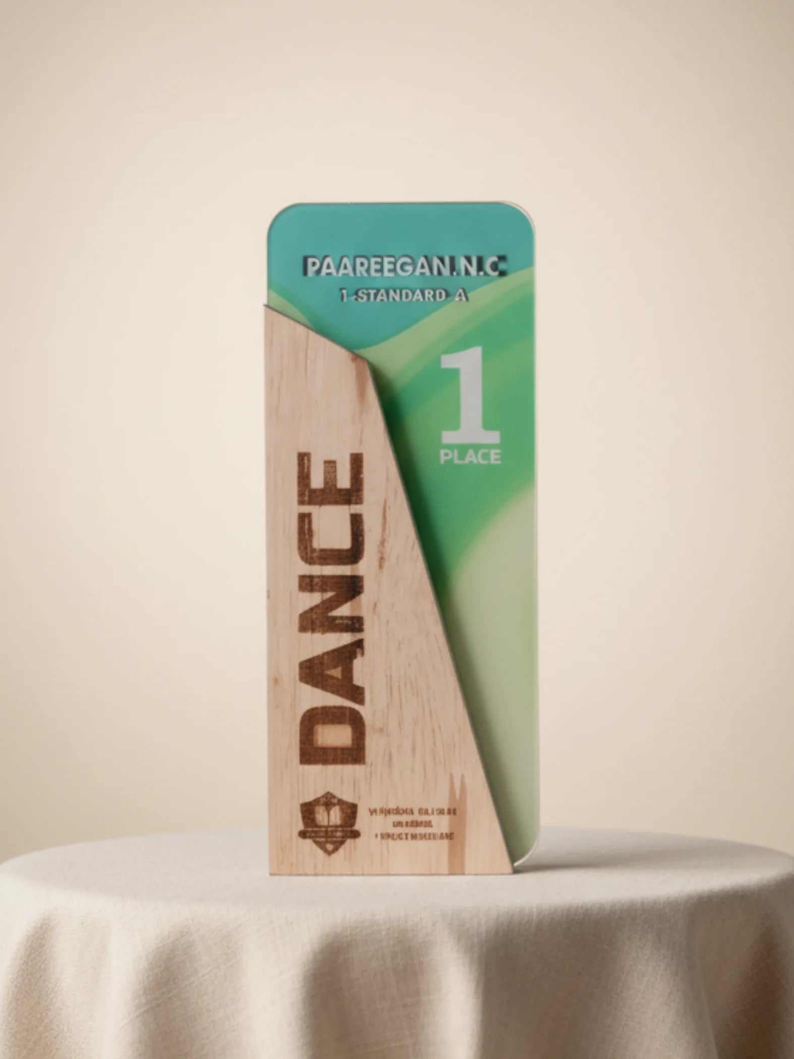 Wooden award with green and beige design on a white surface