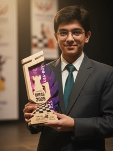 Person holding a chess-themed award in an indoor setting