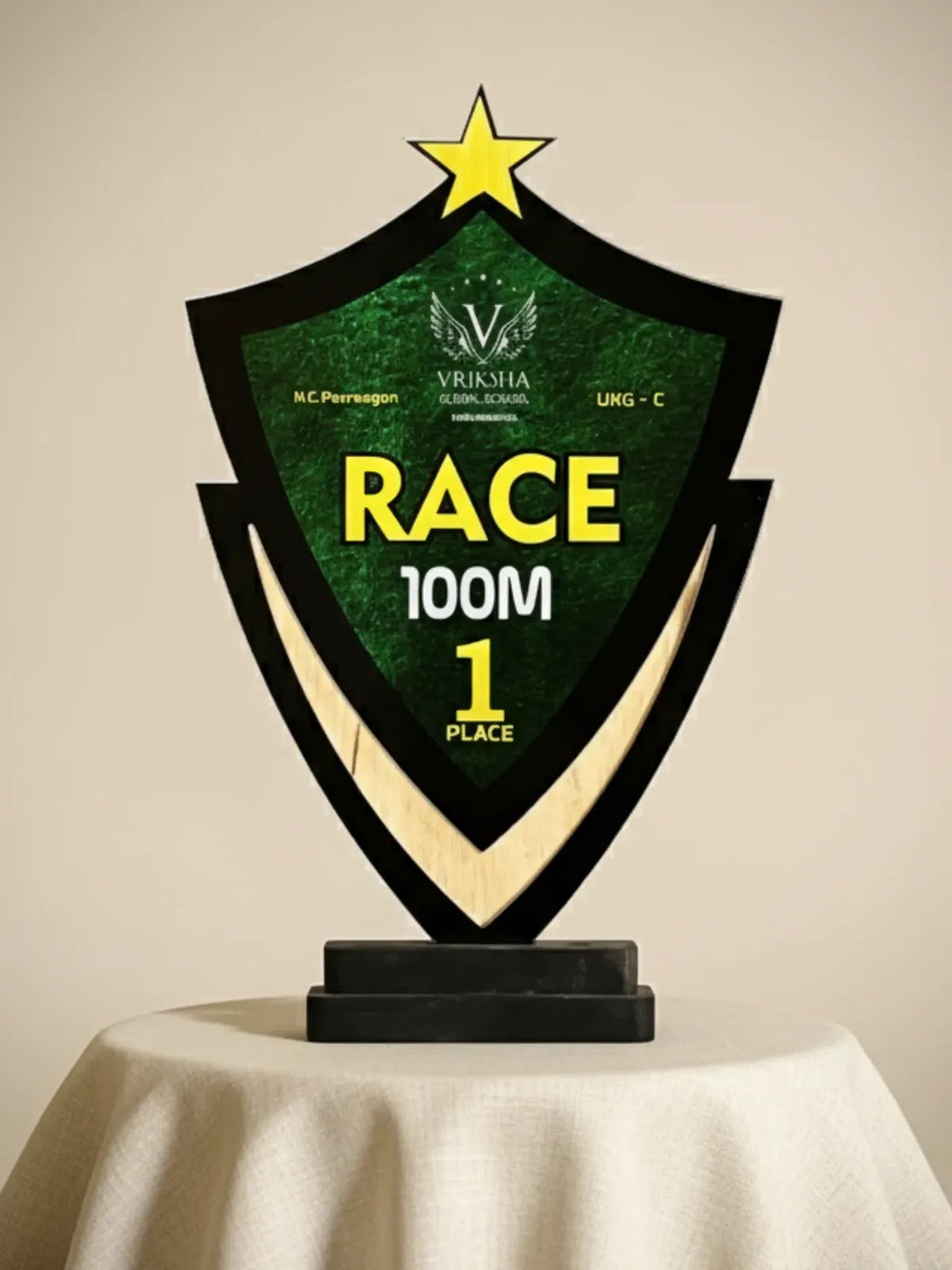 Close-up view of champion's shield trophy showing detailed craftsmanship and premium finish