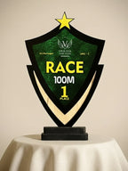 Close-up view of champion's shield trophy showing detailed craftsmanship and premium finish