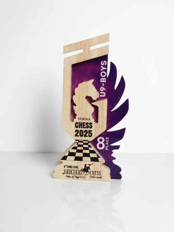 Wooden chess-themed trophy with purple and beige design on a white background