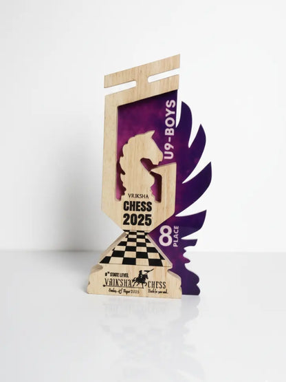 Wooden chess-themed trophy with purple and beige design on a white background