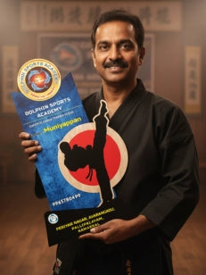 Man holding an award with a logo and text on a blurred background