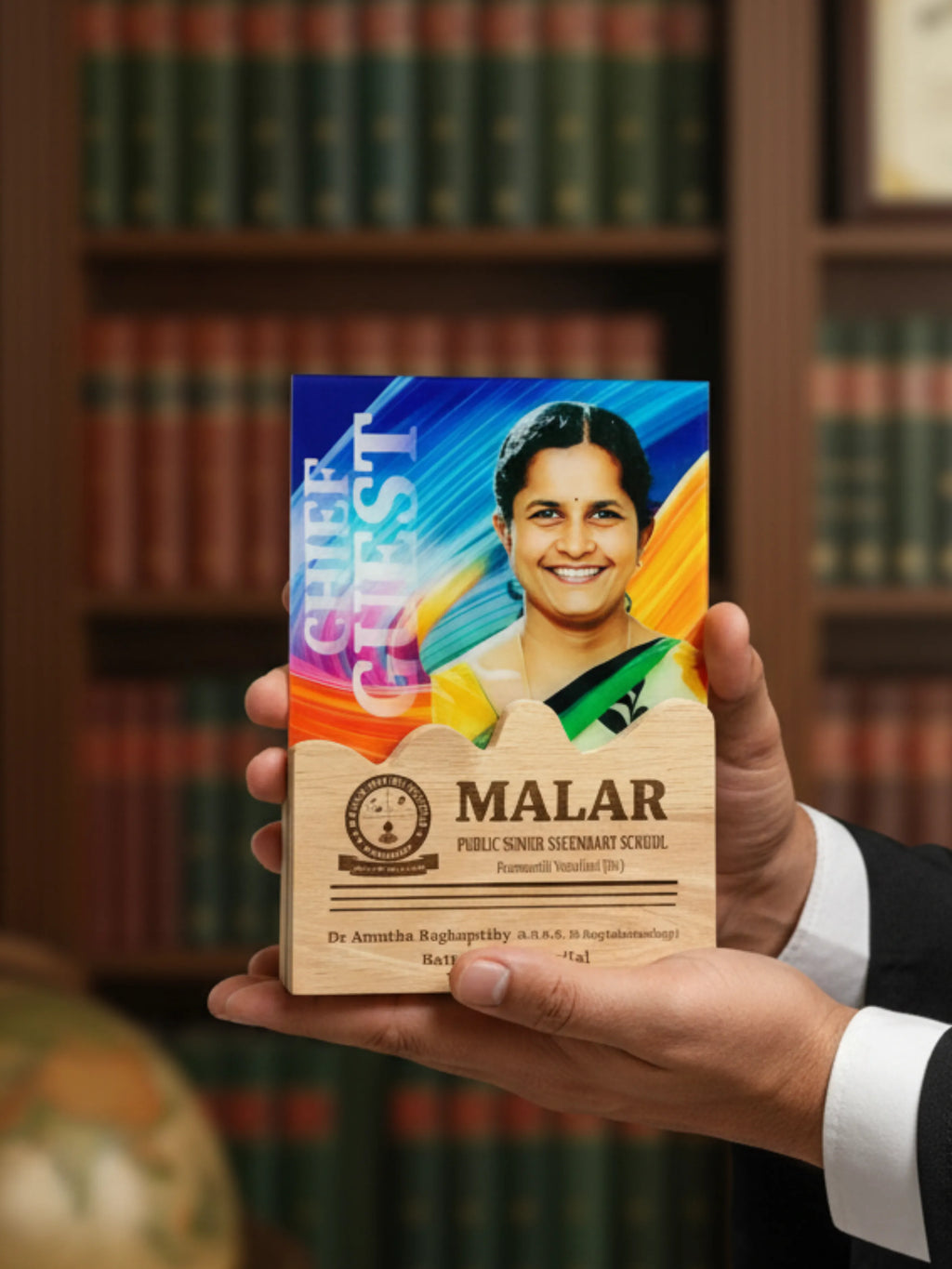 Person holding a wooden plaque with a colorful design in front of a bookshelf