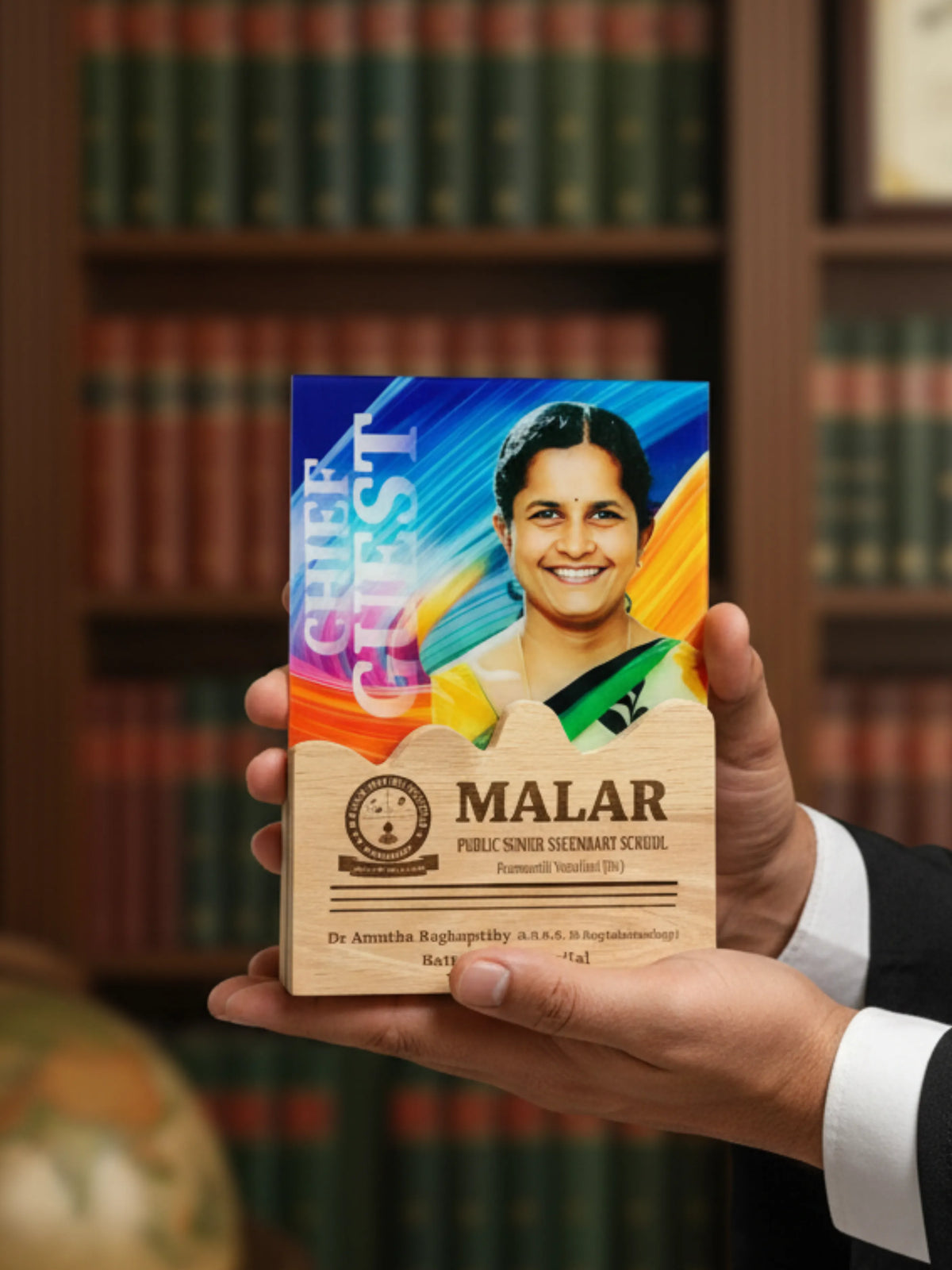 Person holding a wooden plaque with a colorful design in front of a bookshelf