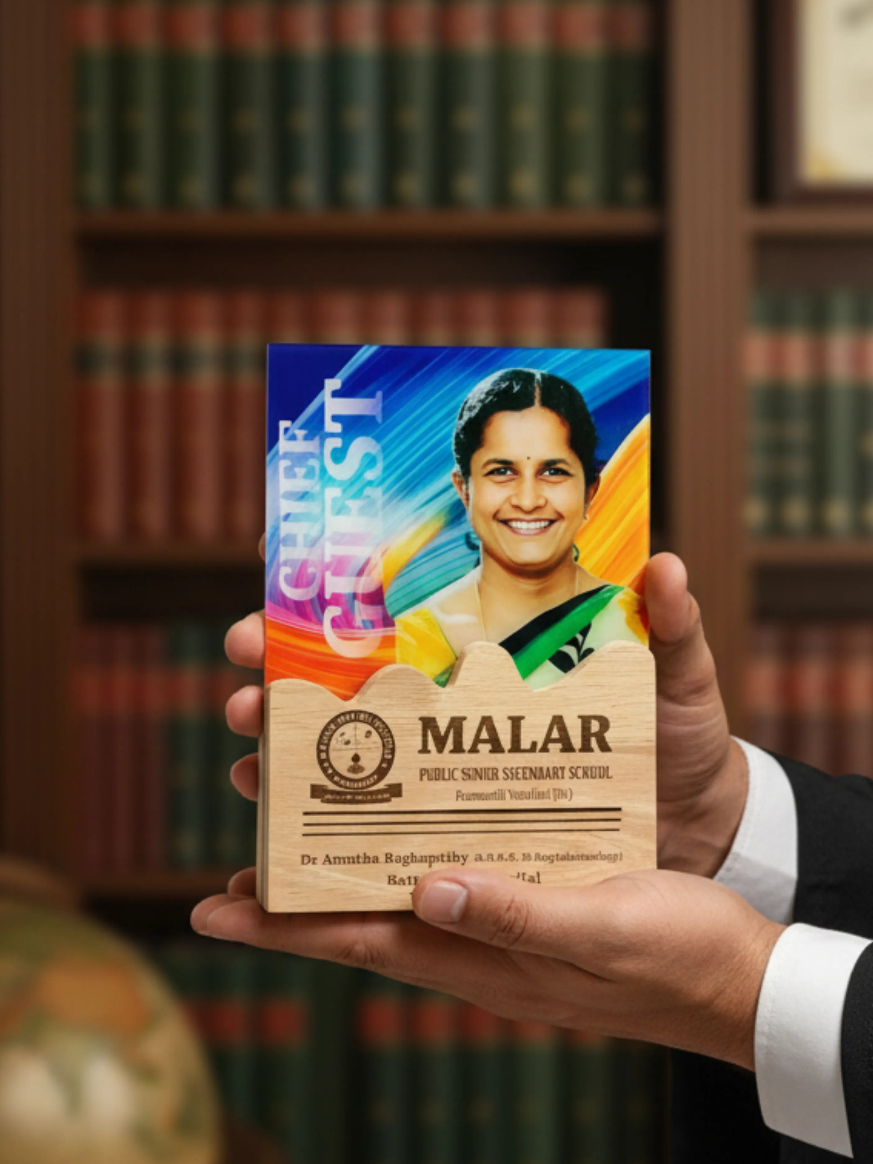 Person holding a wooden plaque with a colorful design in front of a bookshelf