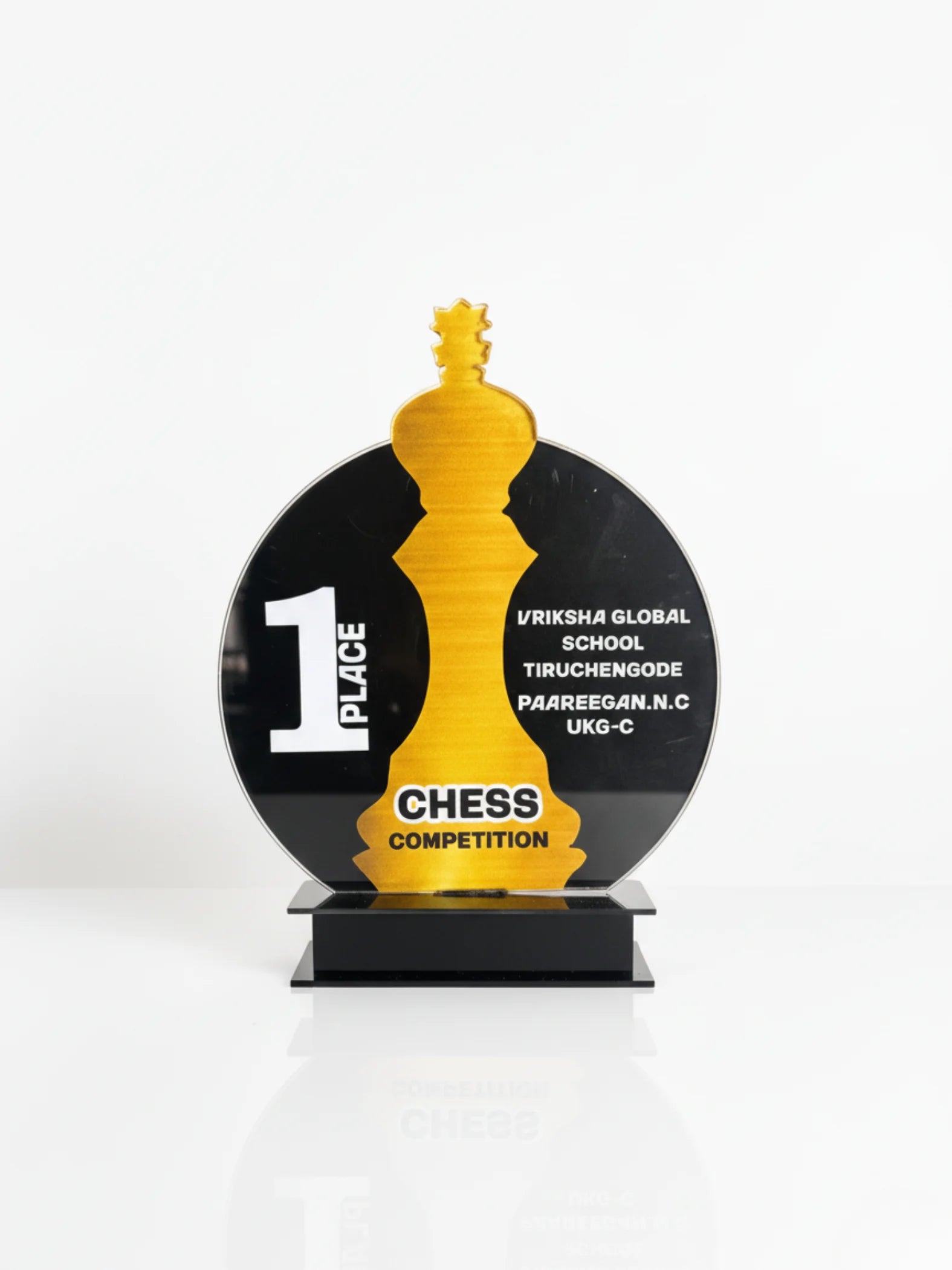 Premium chess trophy with chess piece figure and engraved championship nameplate