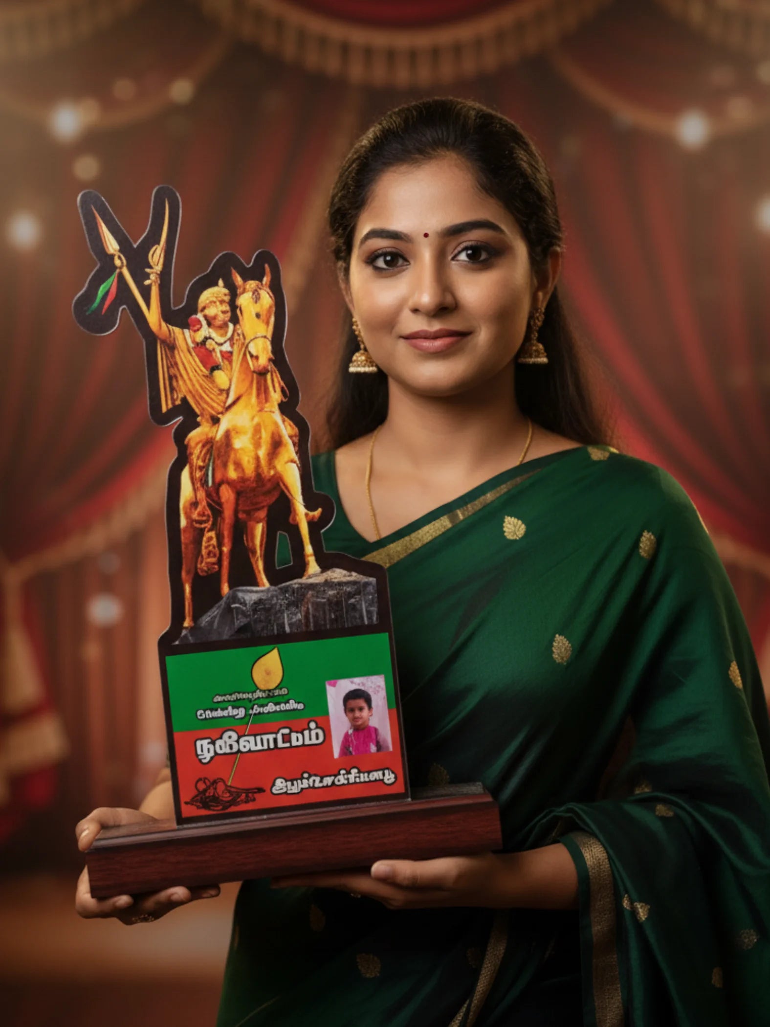 Woman in a green saree holding a decorative trophy with a horse and warrior figure.