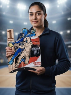 Person holding a trophy with a sports theme against a blurred sports arena background