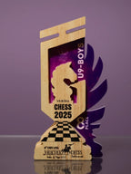 Wooden chess trophy with purple accents on a reflective surface against a purple background