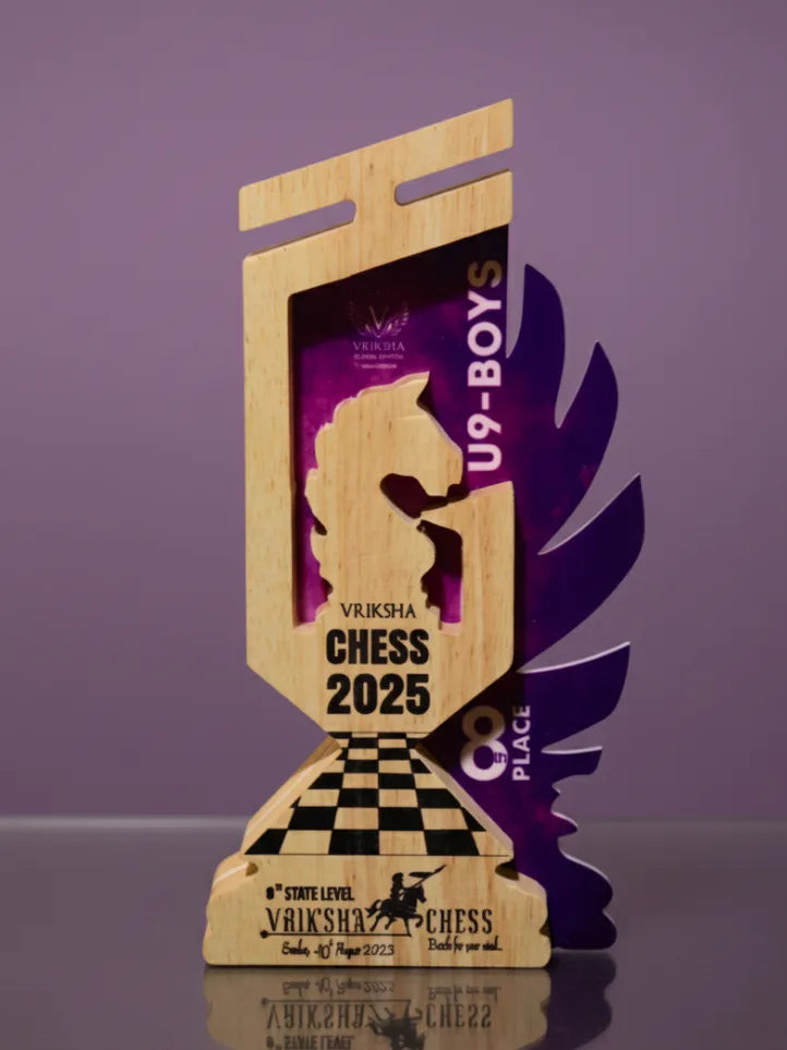 Wooden chess-themed trophy with purple and black design on a reflective surface against a purple background