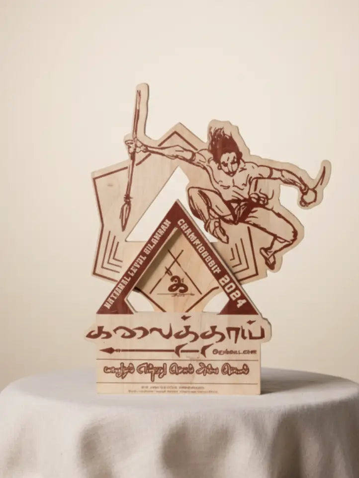 Wooden decorative item with a design of a person and geometric shapes on a beige background