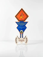 Decorative item with geometric design and text on a white background