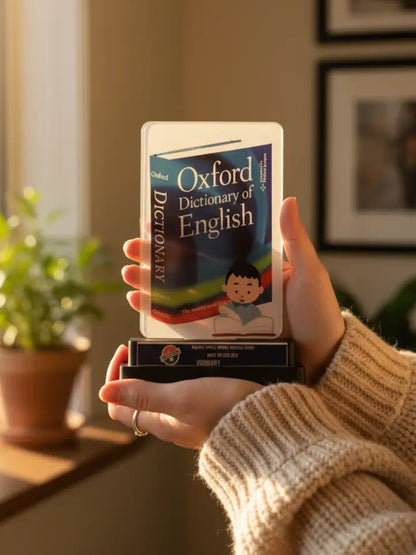 Hand holding a small Oxford dictionary in a clear plastic bag with a plant and framed picture in the background.