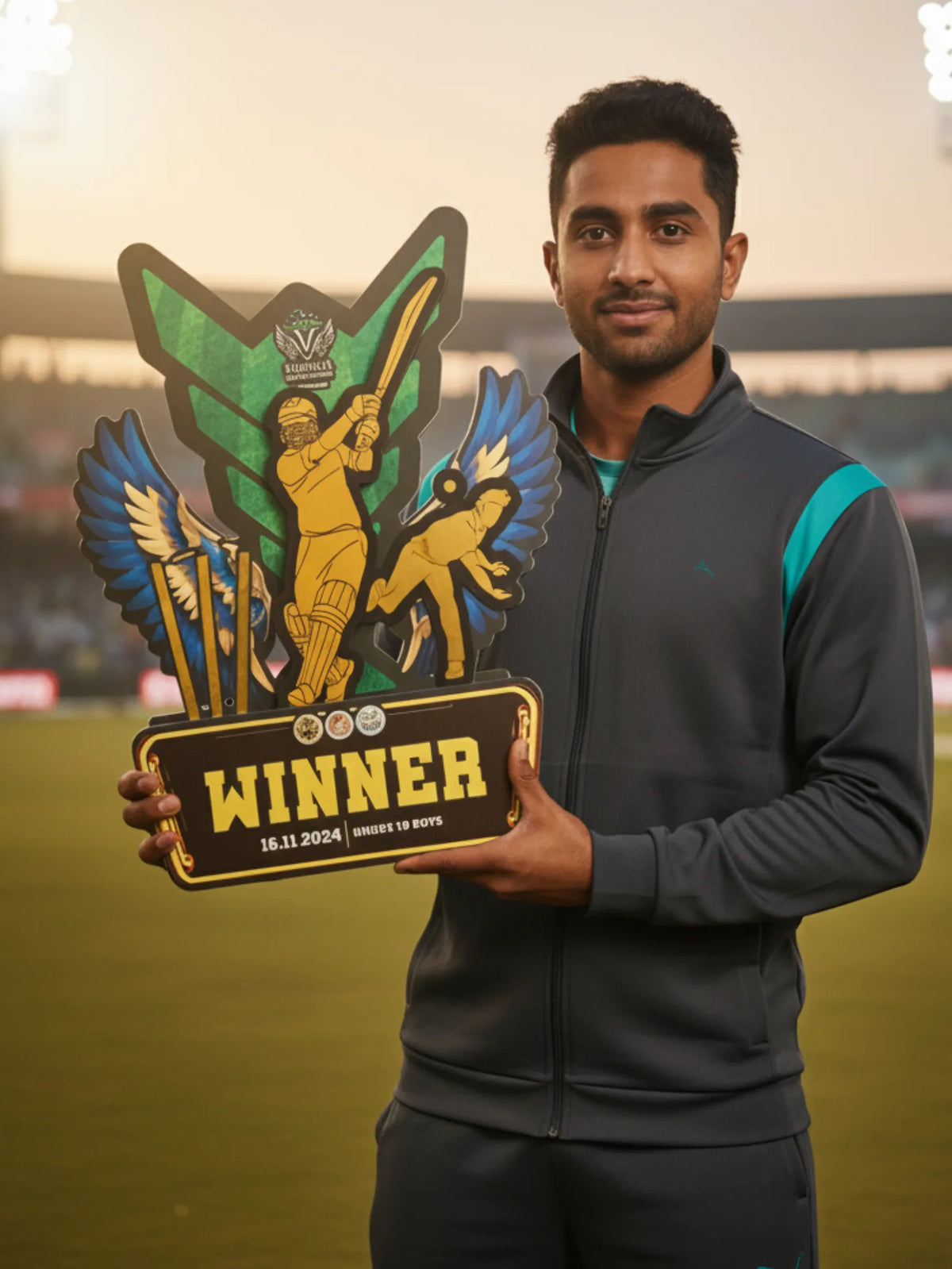 Man holding a 'Winner' sign with a logo on a sports field