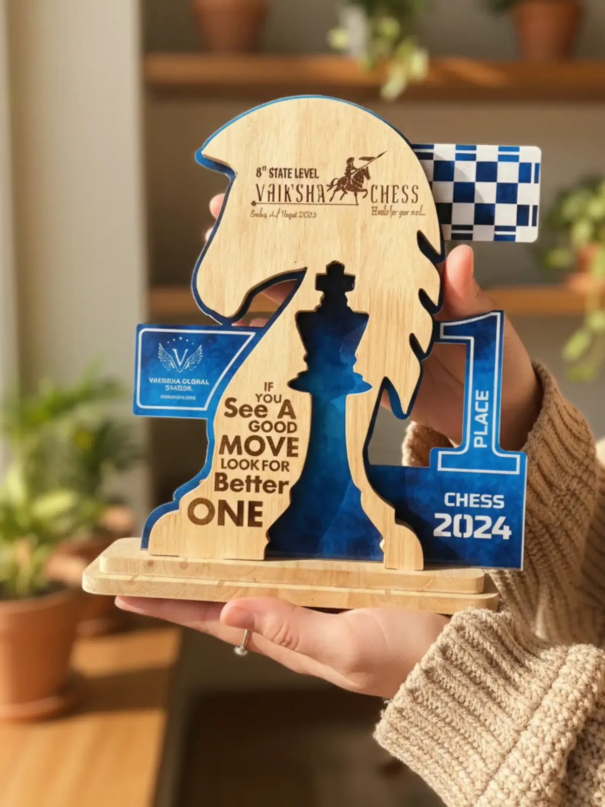 Premium chess champion trophy featuring detailed knight piece and engraved base