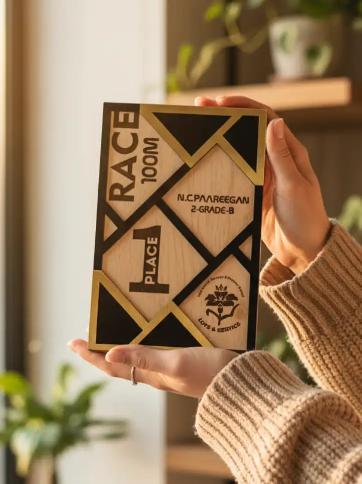 Hand holding a wooden award plaque with geometric design and text.
