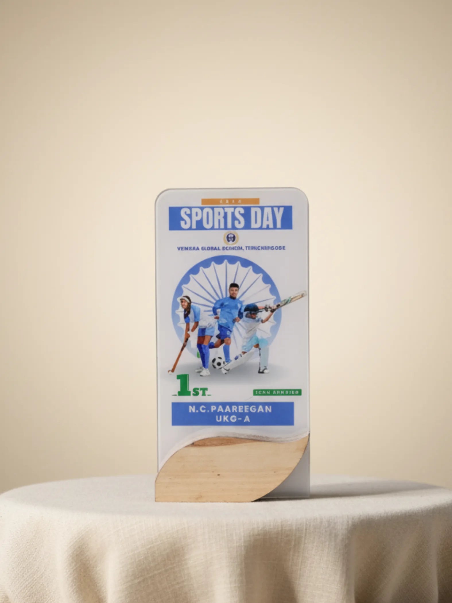 Sports day champion trophy with golden figure and engraved nameplate