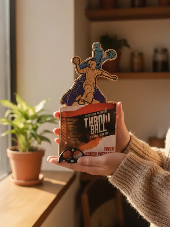 Person holding a 'Throw Ball' product packaging with a decorative design in a home setting.