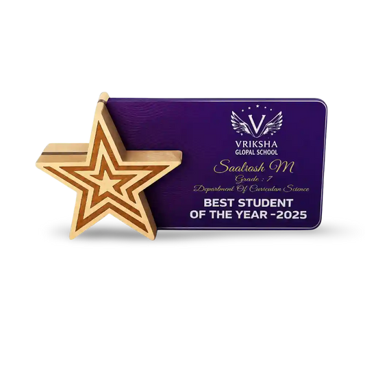 Star-shaped award and Vriksha Global School certificate on a white background