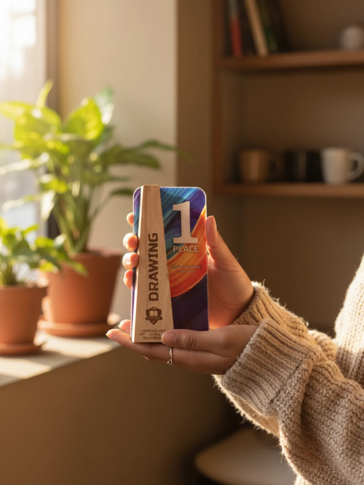 Drawing trophy first place award with unique tower design - golden art competition trophy for artistic excellence and creativity