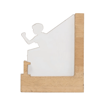 Wooden frame with a white silhouette of a person on a white background