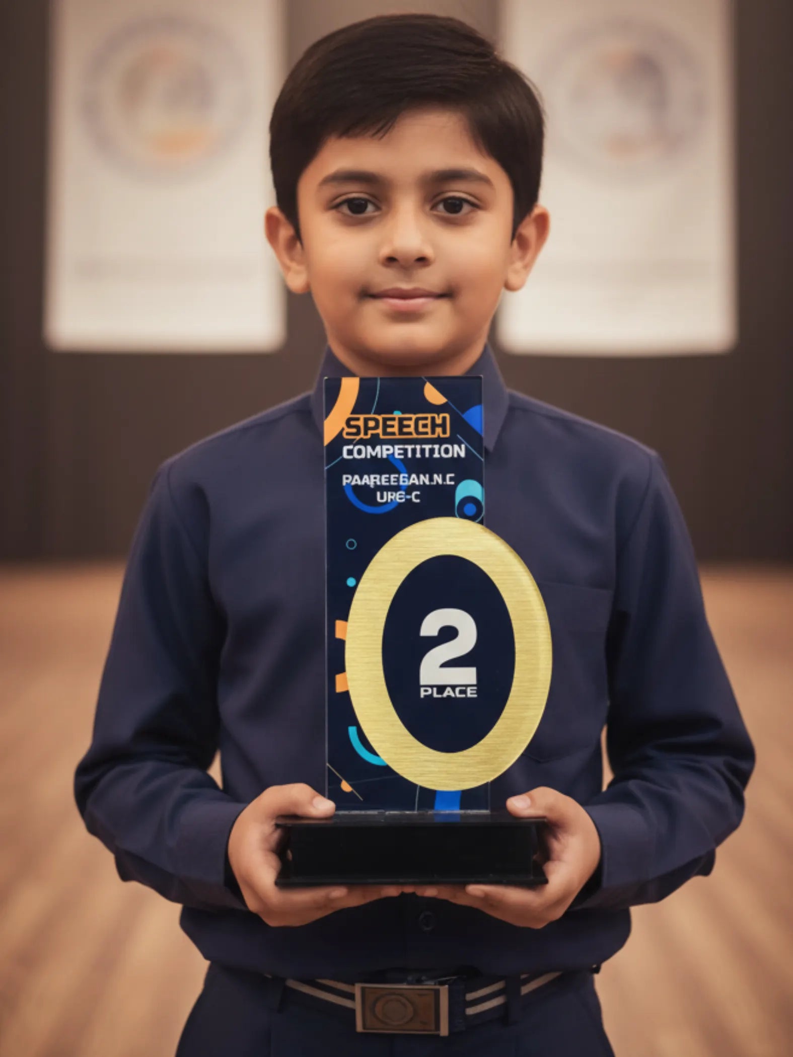 Golden speech trophy for oratory competition winners - elegant award with microphone elements for public speaking achievements