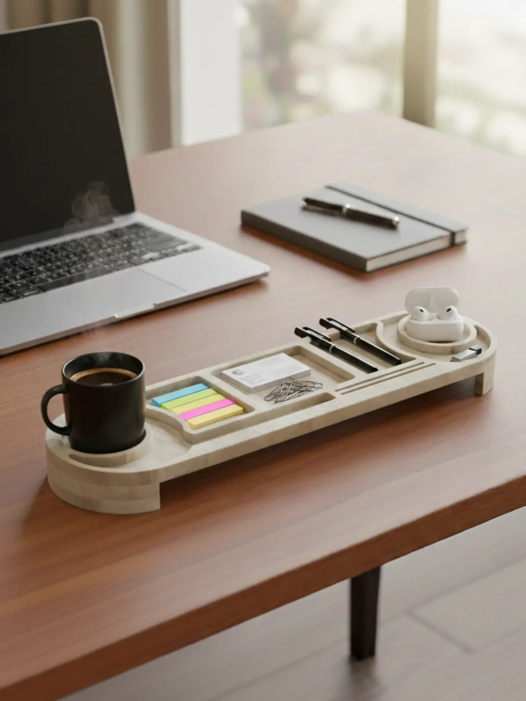 Desk setup with a laptop, coffee cup, and stationery items on a wooden desk.
